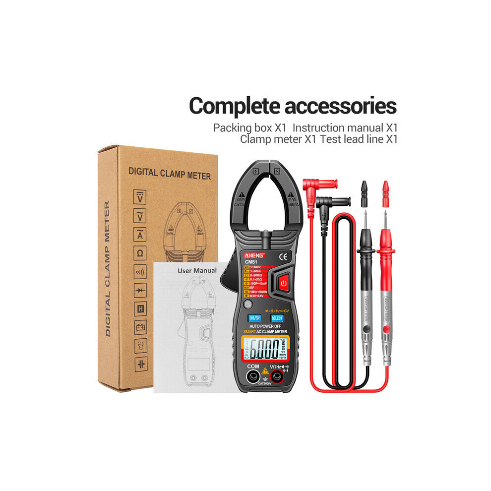 (Black) 6000 Counts Auto Range NCV Digital Clamp Meter DC/AC Voltage Current Resistance Frequency Capacitance Tester