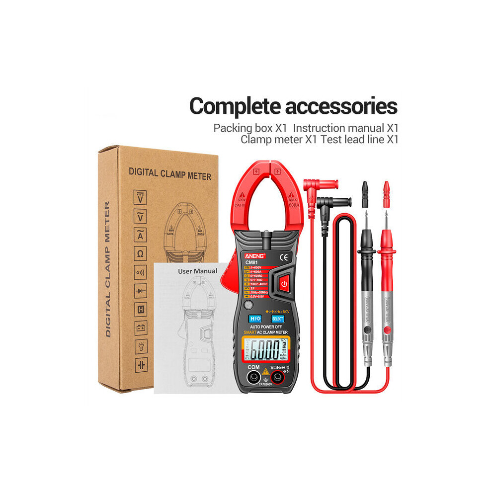 (Red) 6000 Counts Auto Range NCV Digital Clamp Meter DC/AC Voltage Current Resistance Frequency Capacitance Tester