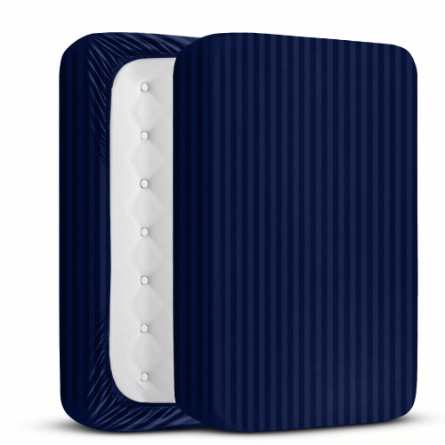 (Extra Deep Super King Fitted Sheet, Navy Blue Bed Sheet 40cm Stripe Pattern) 40cm Stripe Fitted Bed Sheets Single Double King 2