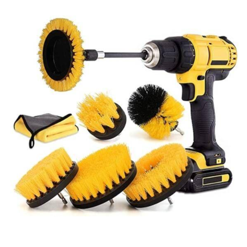 (Yellow) 8pcs Cleaning Drill Brush Set Power Scrubber Cleaning Brush Kit with Extension Rod for Car Kitchen Grill Tile Toilet Bathroom