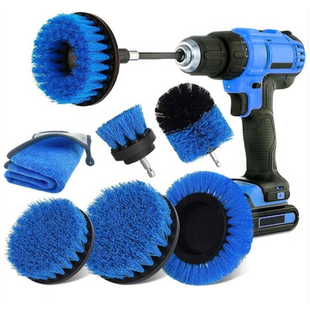 (Blue) 8pcs Cleaning Drill Brush Set Power Scrubber Cleaning Brush Kit with Extension Rod for Car Kitchen Grill Tile Toilet Bathroom