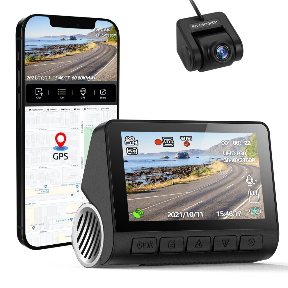 (With Rear Camera) Dash Cam Car DVR 2160P GPS ADAS 24H Parking Support Rear Cam Night Vision Voice Prompt APP Control