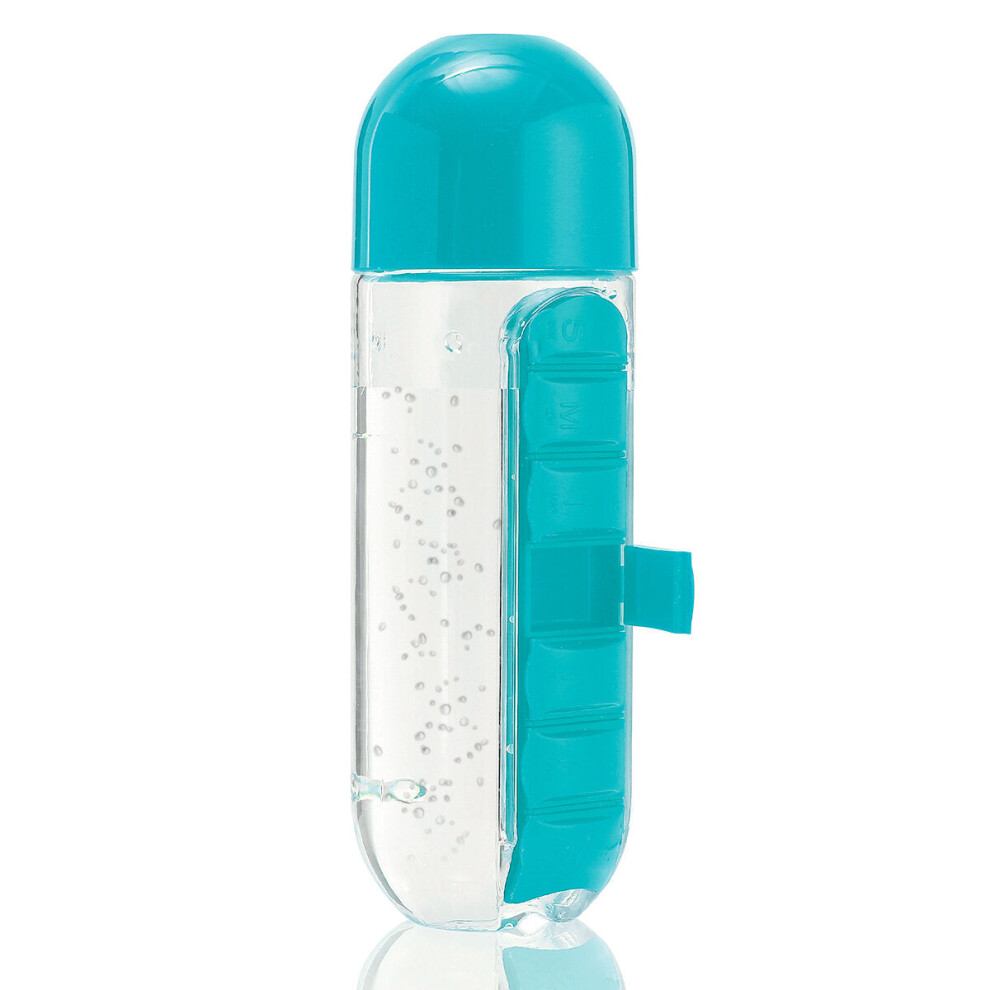 (Blue) 600ML 2 In 1 Travel Pill Case Water Bottle Daily Capsule Cup Vitamin Storage Organizer