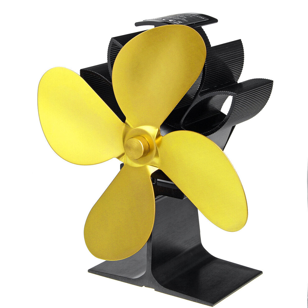 (Gold) 4 Blades Stove Fan Wood Heater Fireplace Fire Heat Powered Circulating Eco