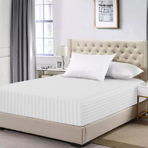 (Extra Deep Super King Fitted Sheet, White Bed Sheet 40cm Stripe Pattern) 40cm Stripe Fitted Bed Sheets Single Double King