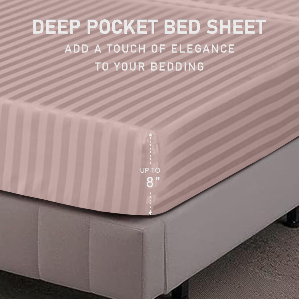 (Pink, Single: 91 X 191 CM.) Satin Stripe Fitted Bed Sheets & Plain Pillowcases
