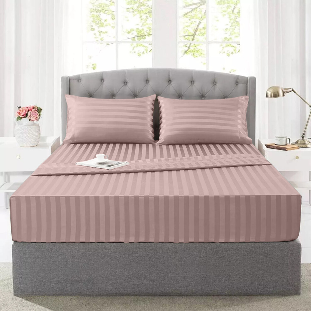 (Pink, Double:137 x 191 CM.) Satin Stripe Fitted Bed Sheets & Plain Pillowcases