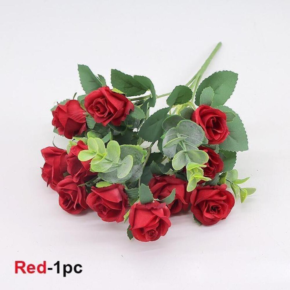 (Red) 10 Heads Artificial Flowers Silk Rose Red Eucalyptus Leaves Peony Bouquet Fake Flower for Wedding Table Party Vase Home Decor