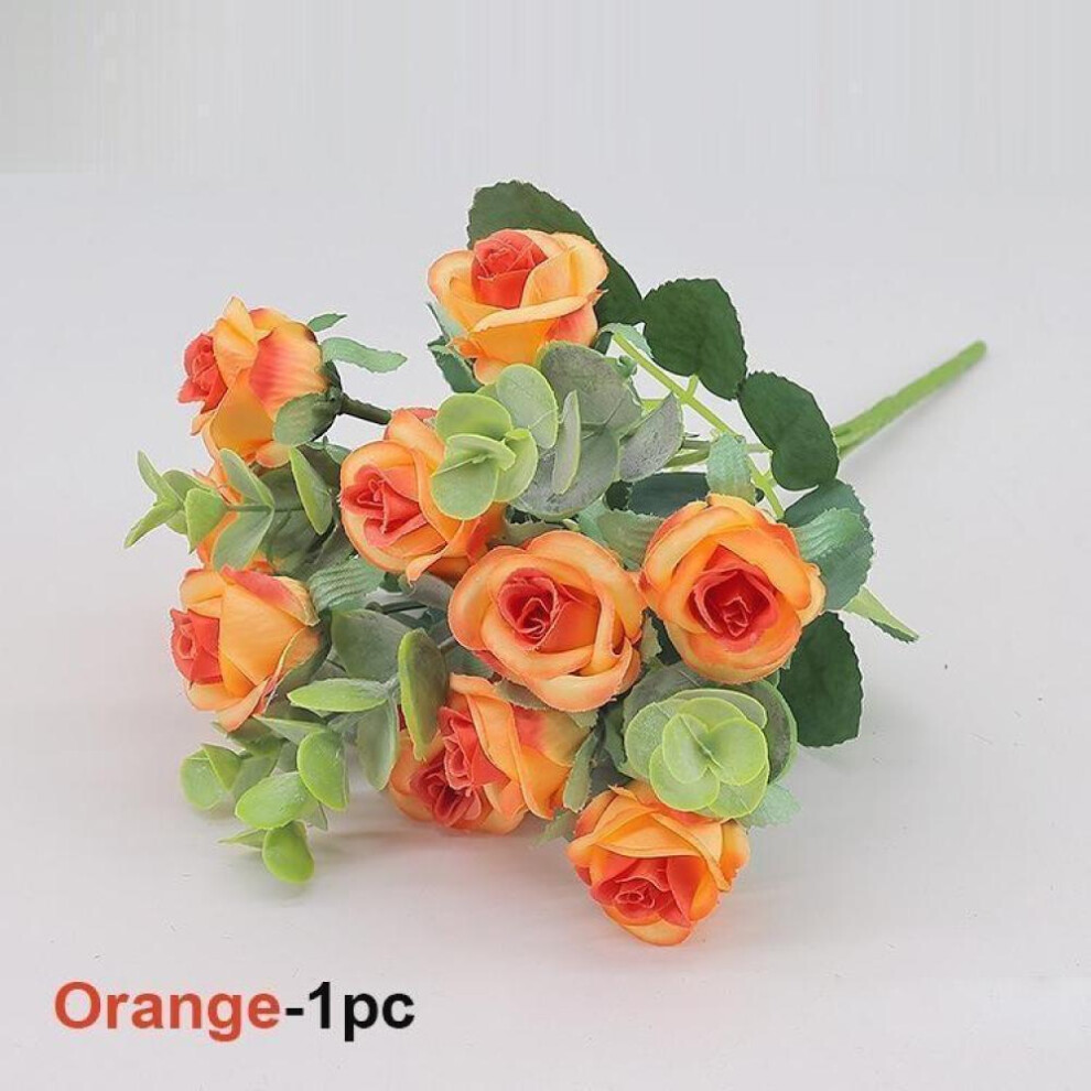 (Orange) 10 Heads Artificial Flowers Silk Rose Red Eucalyptus Leaves Peony Bouquet Fake Flower for Wedding Table Party Vase Home Decor