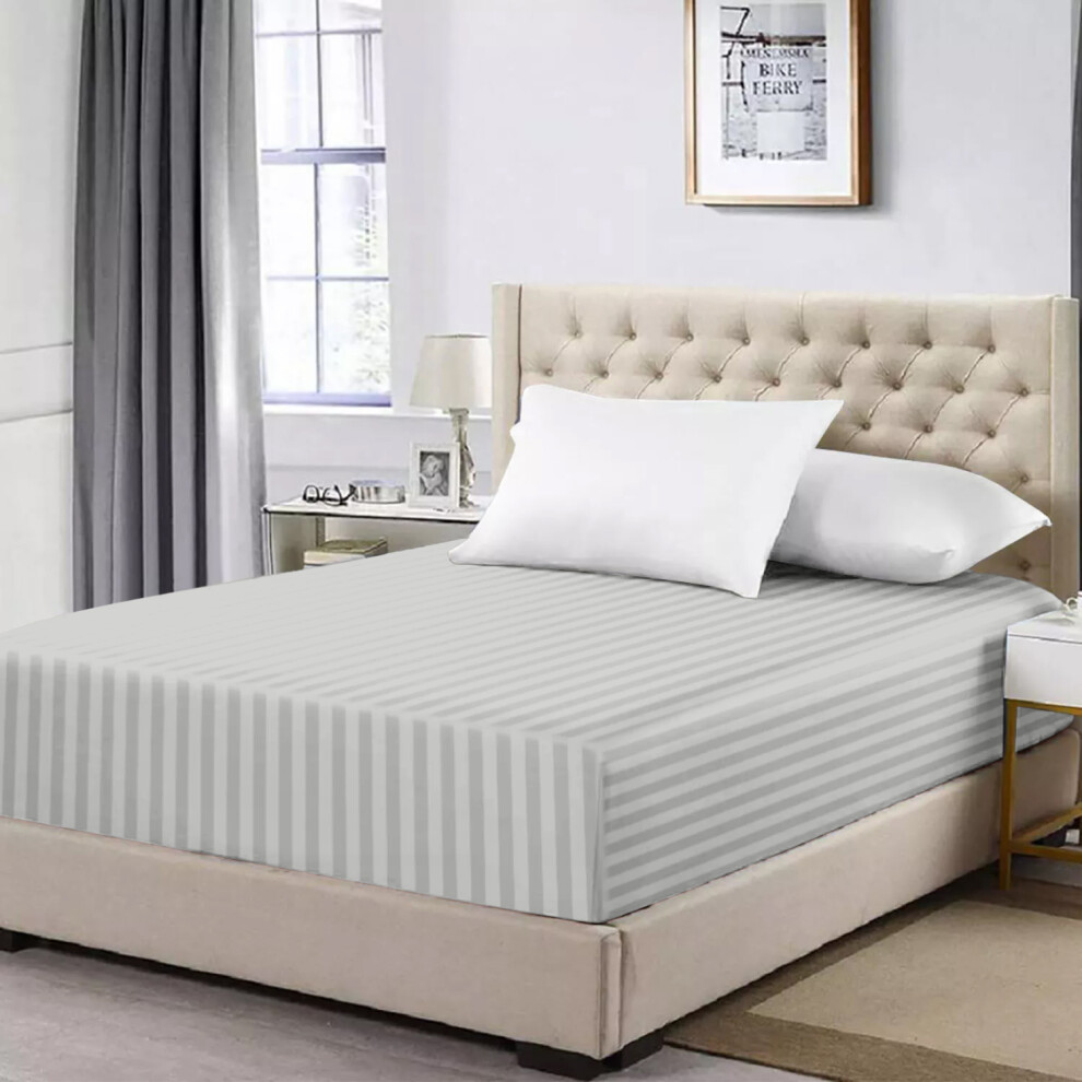 (Silver, Super King: 180 X 200 CM.) Satin Stripe Fitted Bed Sheets & Plain Pillowcases-image-OPC-PFKBRVN-NEW