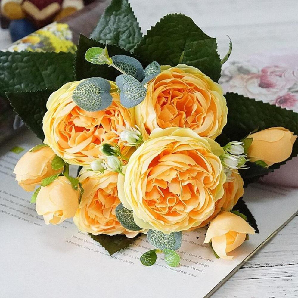 (Yellow) 5 Heads Artificial Silk Peony Flower Bouquet For Wedding Party Home Decoration