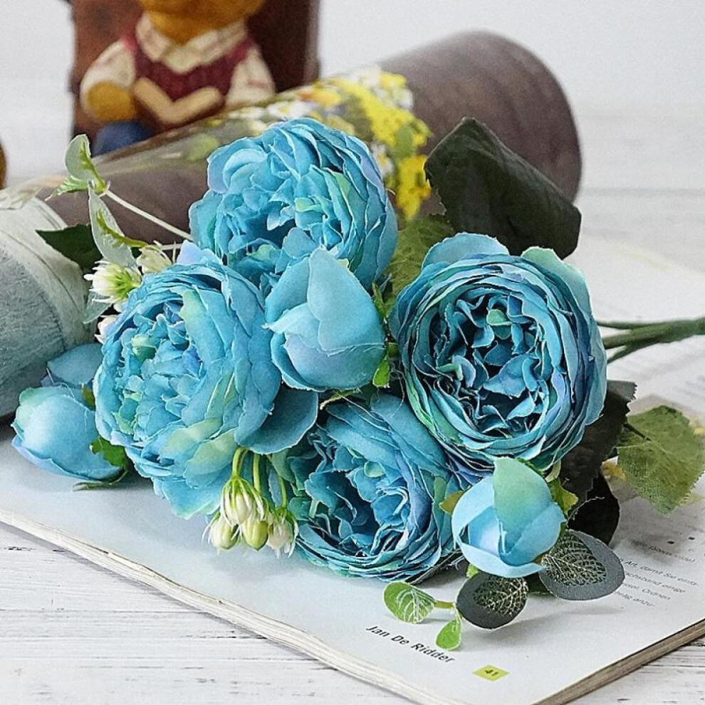 (Blue) 5 Heads Artificial Silk Peony Flower Bouquet For Wedding Party Home Decoration