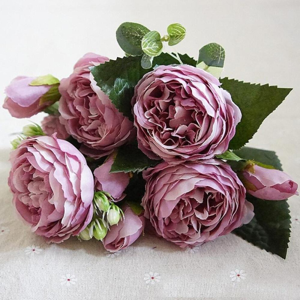 (Purple) 5 Heads Artificial Silk Peony Flower Bouquet For Wedding Party Home Decoration