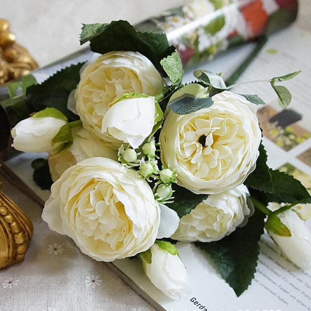 (White) 5 Heads Artificial Silk Peony Flower Bouquet For Wedding Party Home Decoration