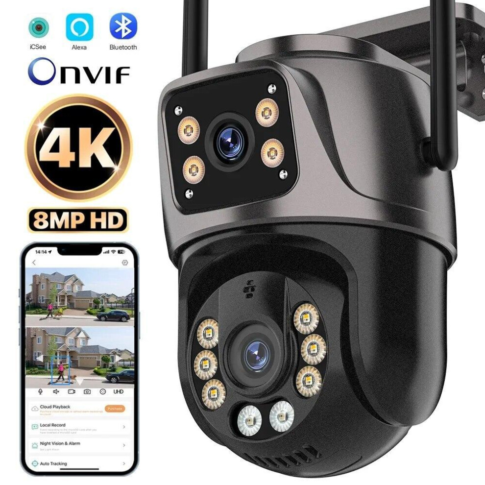 (US Plug) 2024 New Wifi Camera 4K 8MP PTZ Dual Lens Dual Screen Security HD IP Camera Outdoor Waterproof Ai Tracking Surveillance Onvif ICsee