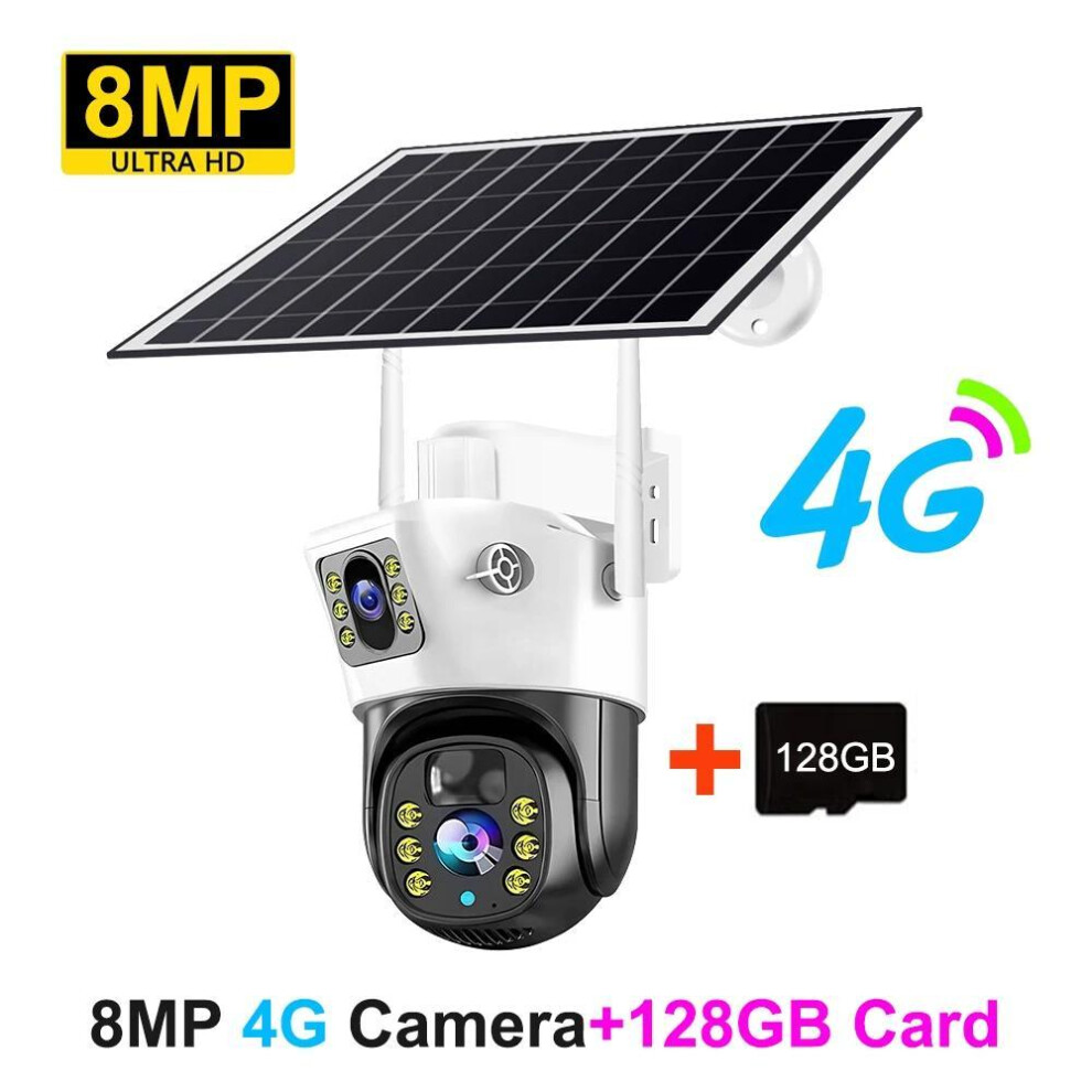 (8MP+128GB Card) 8MP 4K Solar 4G Camera With 4G-SIM Card Panel Outdoor Wireless PTZ PIR Human Detection CCTV IP Camaras Security Protection V380