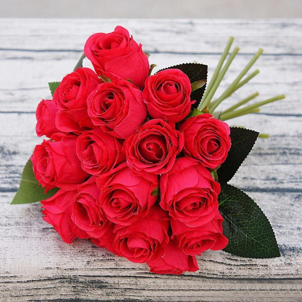 (Red) 18 heads/bunch Rose Hand Artificial Silk Flower For Wedding Home Decoration Bridal Bouquet