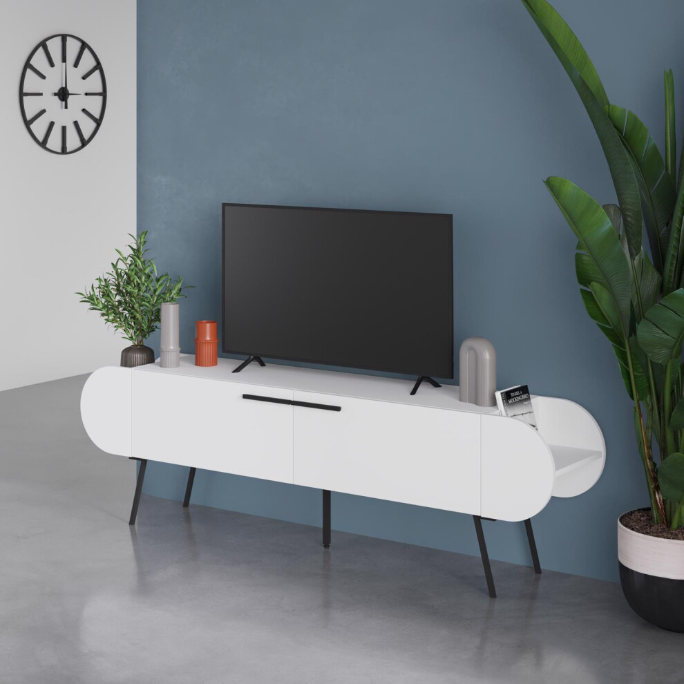 FWStyle Matt White 2 Door Open Shelf TV Unit Capsule Design Scratch Resistant