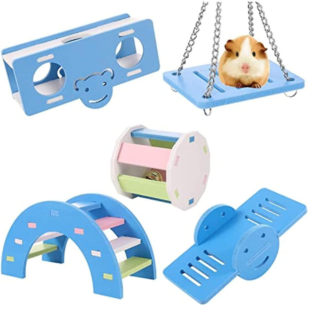 5 Pcs Lovely Hamster Play Toys Rainbow Bridge & Seesaw & Swing Climb And Play Toy Hamster Chew Toys Diy Hamster Cage Accessories for Small Pets(blu