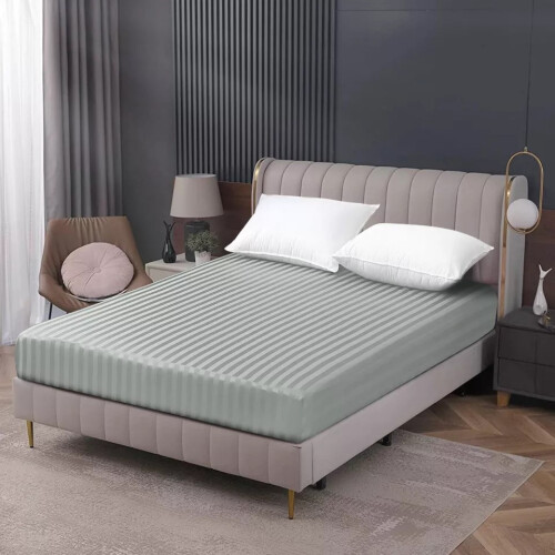 (Silver , Double: 137 x 191 CM.) Luxury Stripe 40CM Fitted Sheet Hotel Bed Sheets