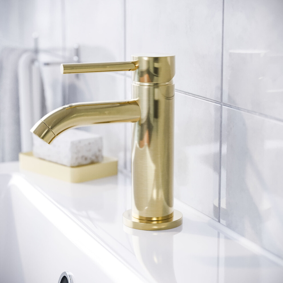 Nes Home Brushed Brass Cloakroom Round Basin Mono Mixer Tap & Waste - Deck Mounted Ceramic Disc