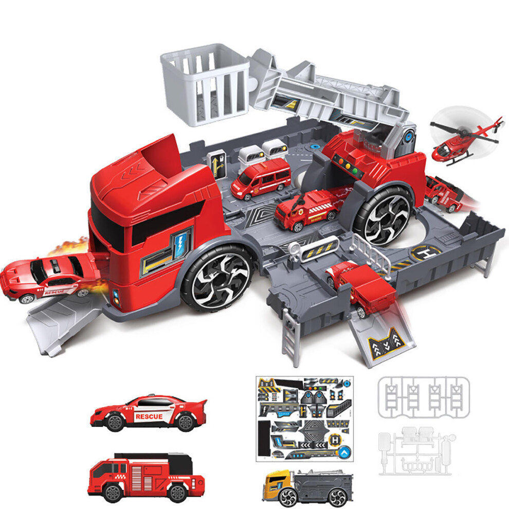 (Red) Children's Simulation Diecast Engineering Vehicle Model Set Deformation Storage Parking Lot Educational Toys