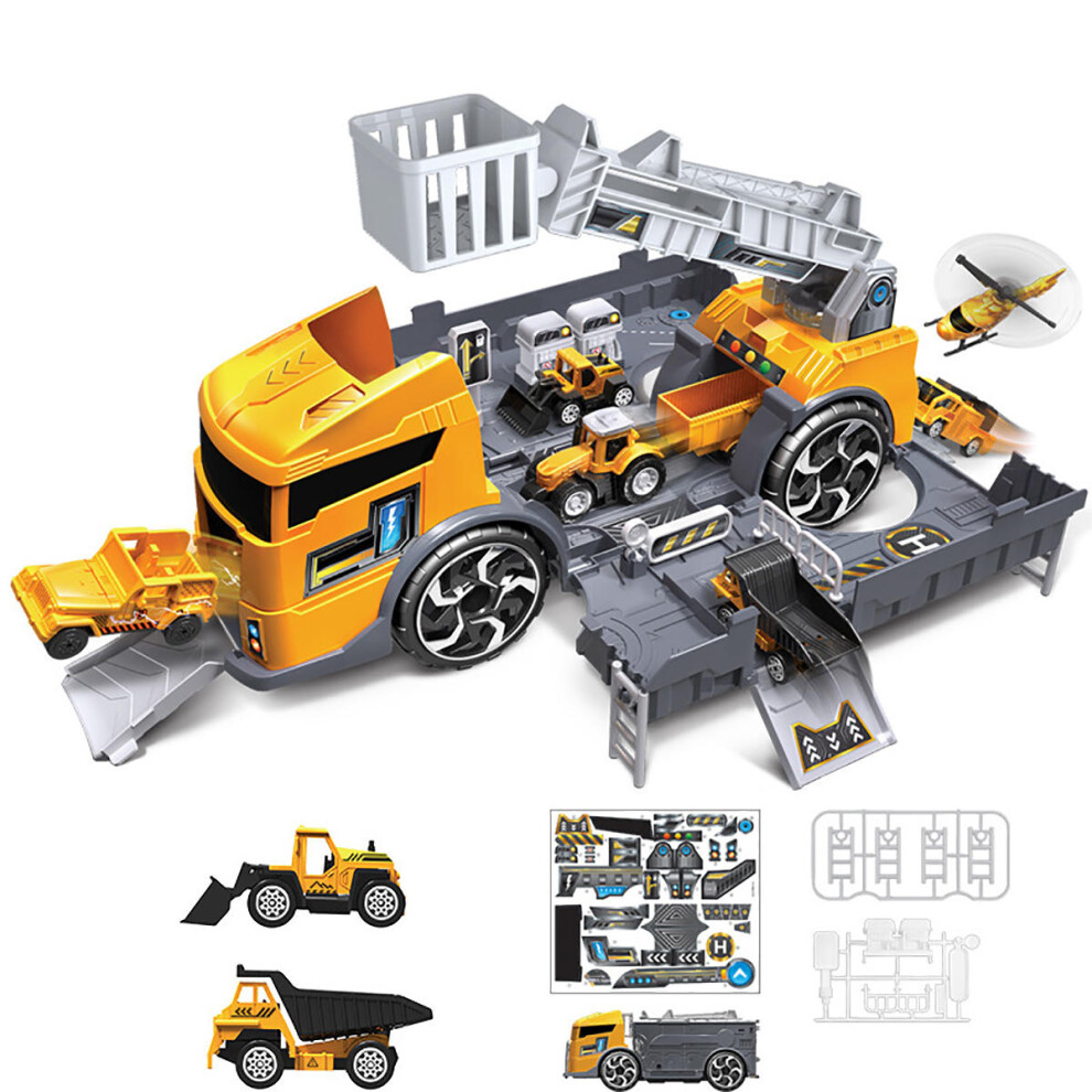 (Yellow) Children's Simulation Diecast Engineering Vehicle Model Set Deformation Storage Parking Lot Educational Toys