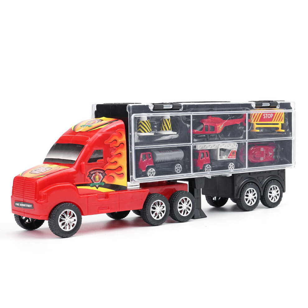 (Fire Container Truck) Alloy Trailer Container Car Storage Box Diecast Car Model Set Toy for Children's Gift