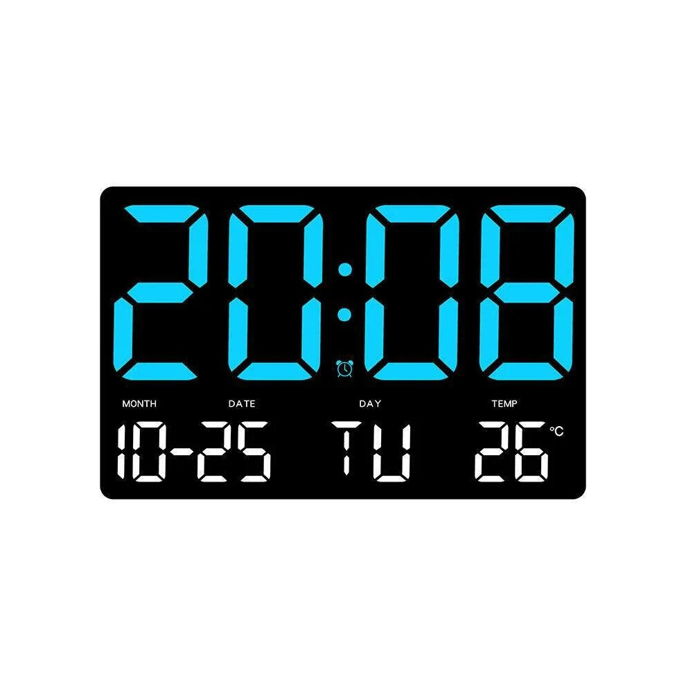 (Blue) Large Digital Wall Clock with LED Display, Adjustable Brightness, Indoor Temperature, Date, Week, 12/24H for Home, Office, Classroom