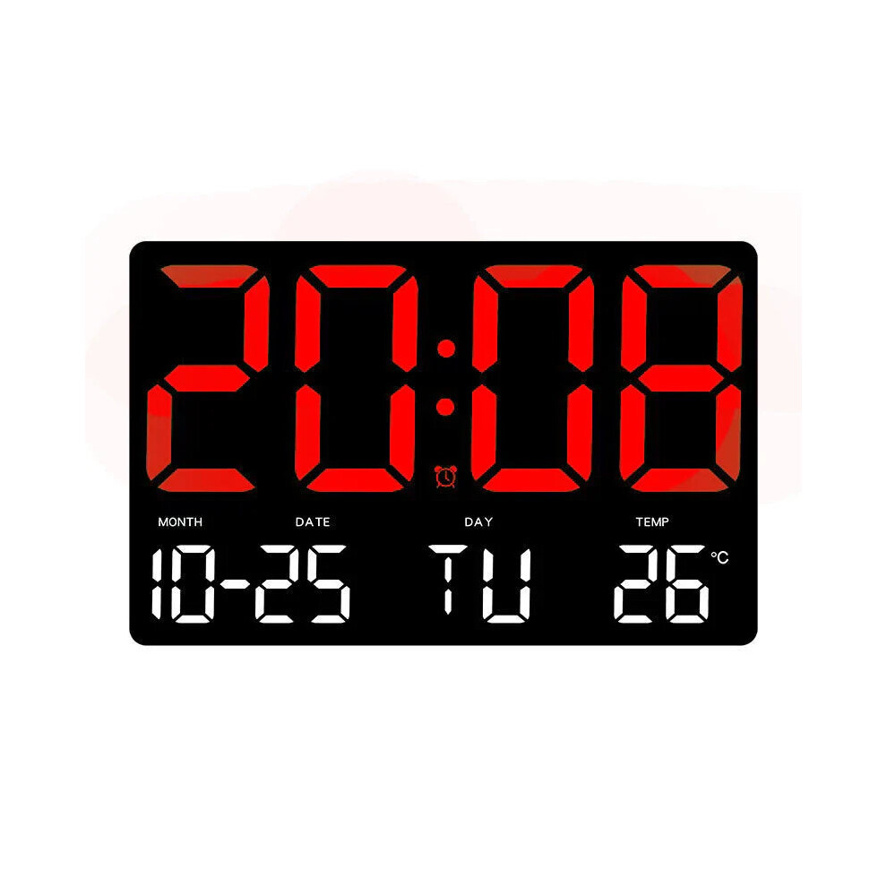 (Red) Large Digital Wall Clock with LED Display, Adjustable Brightness, Indoor Temperature, Date, Week, 12/24H for Home, Office, Classroom