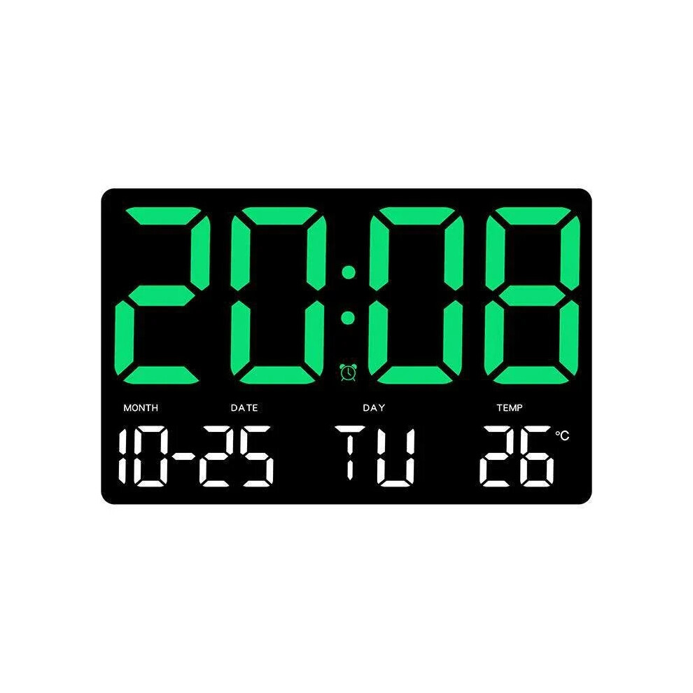 (Green) Large Digital Wall Clock with LED Display, Adjustable Brightness, Indoor Temperature, Date, Week, 12/24H for Home, Office, Classroom