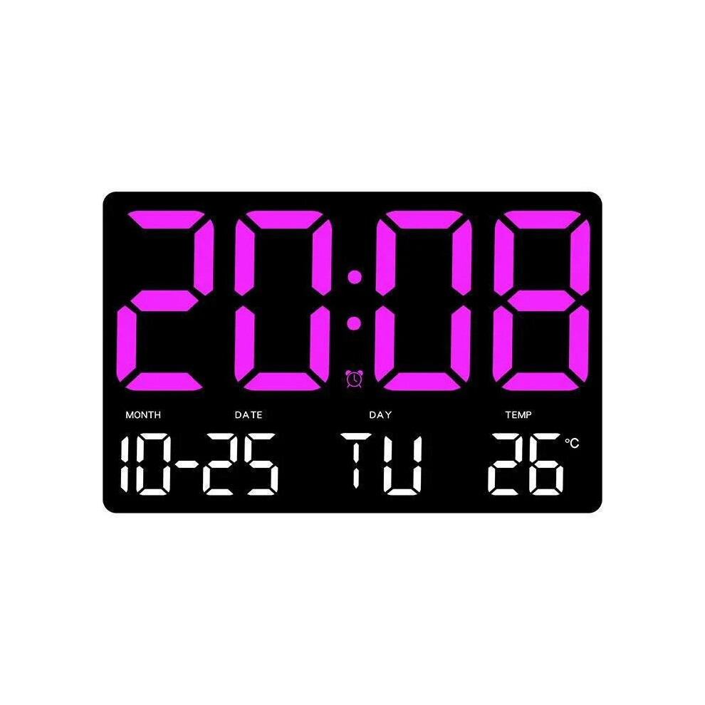 (Purple) Large Digital Wall Clock with LED Display, Adjustable Brightness, Indoor Temperature, Date, Week, 12/24H for Home, Office, Classroom