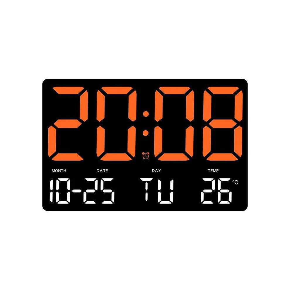 (Orange) Large Digital Wall Clock with LED Display, Adjustable Brightness, Indoor Temperature, Date, Week, 12/24H for Home, Office, Classroom