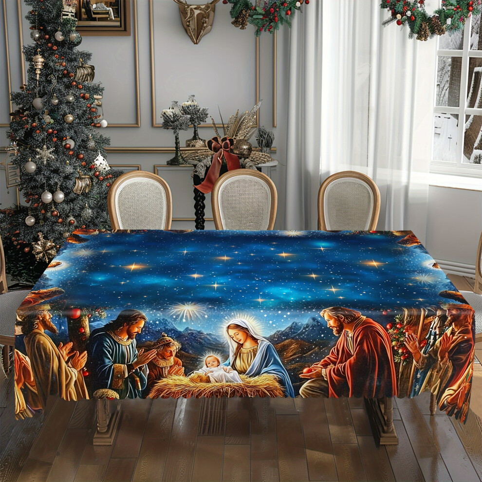 (152*220 CM Rectangle) Christmas Party Tablecloth Jesus Birth Scene Pattern Decoration, Edge Embossed