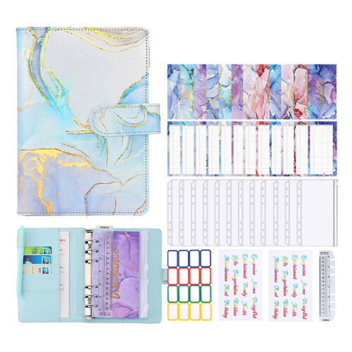 (Light blue) A6 Budget Binder with Marble Pattern PU Leather Gift for Friends Colleagues