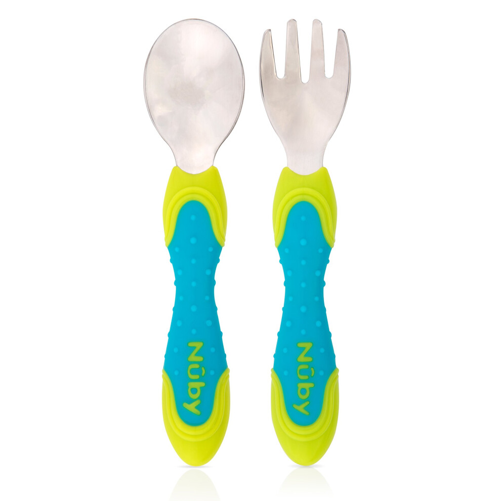 Nuby 2 Piece Stainless Steel Utensil  Blue/Green  2 Count