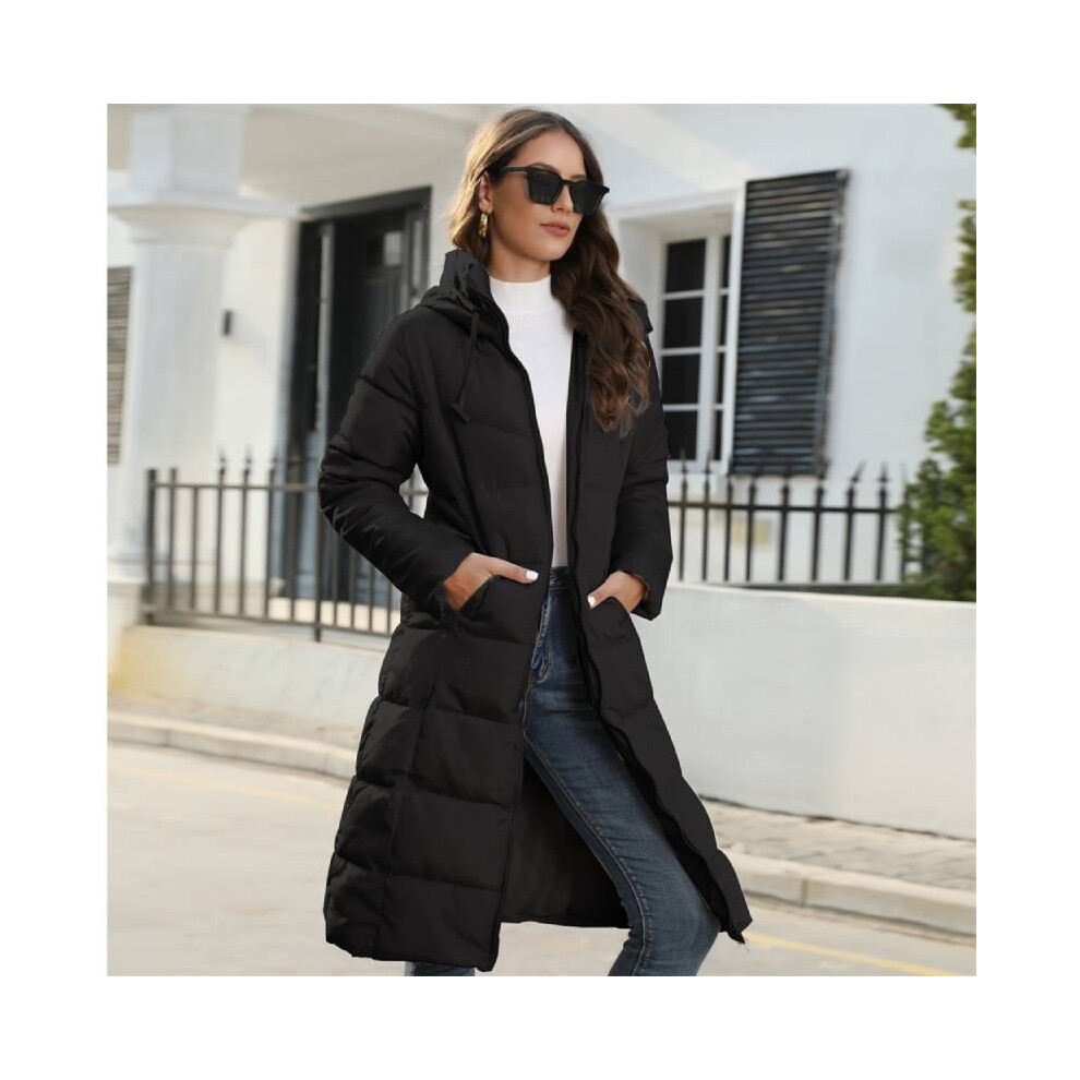 (Black, L) Warm Winter Women Padded Puffer Jacket Ladies Long Hooded Parka Quilted Coat