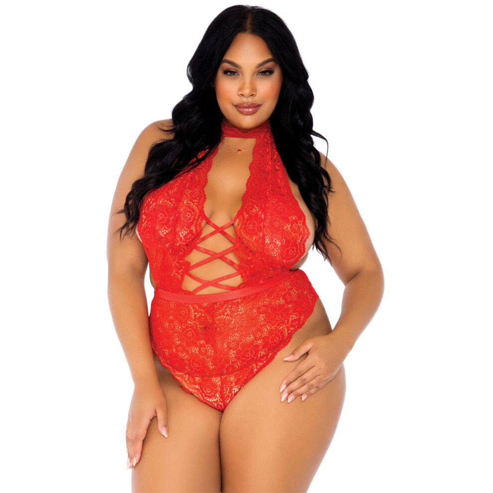 Robe dos nu en dentelle florale     col montant - 1X-2X / ROUGE