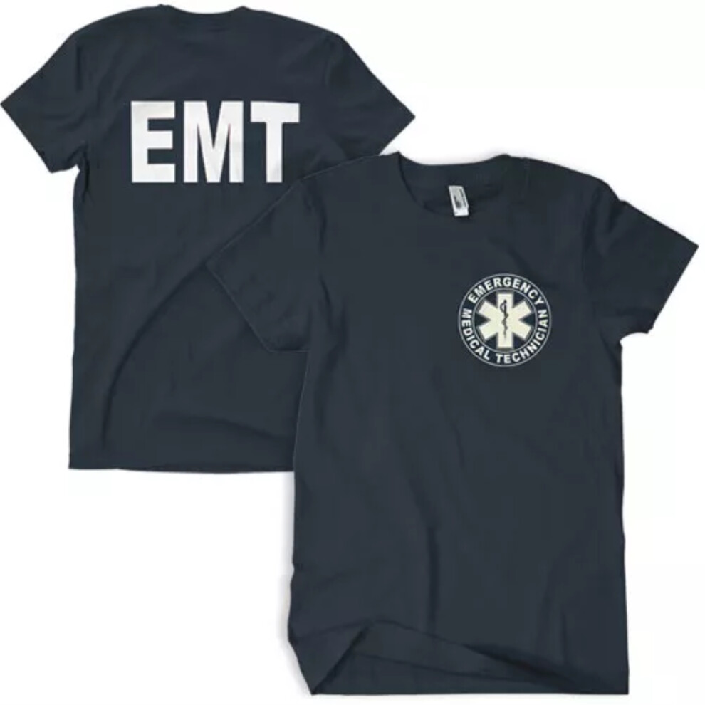 T-shirt EMT bleu marine avec impression recto verso blanche - Grand