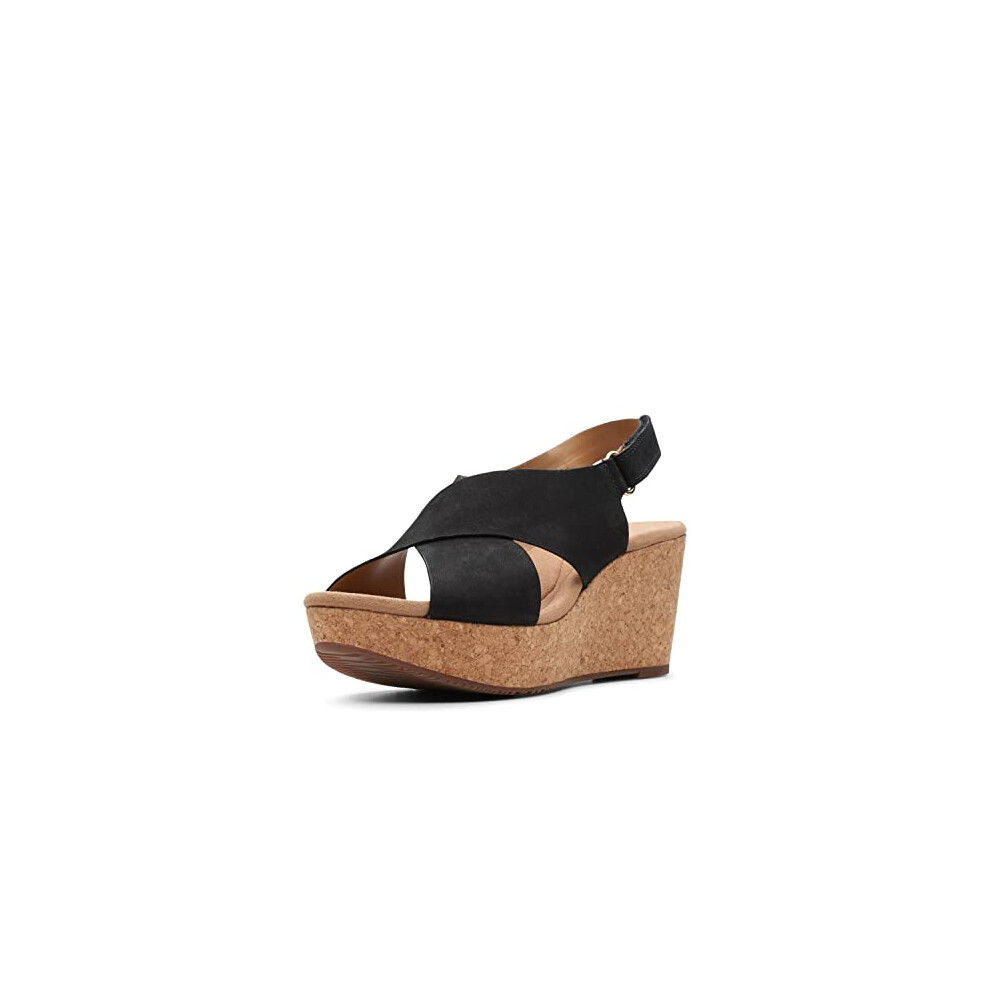 clarks Womens Annadel Eirwyn Wedge Sandal  Black Nubuck  7 W US