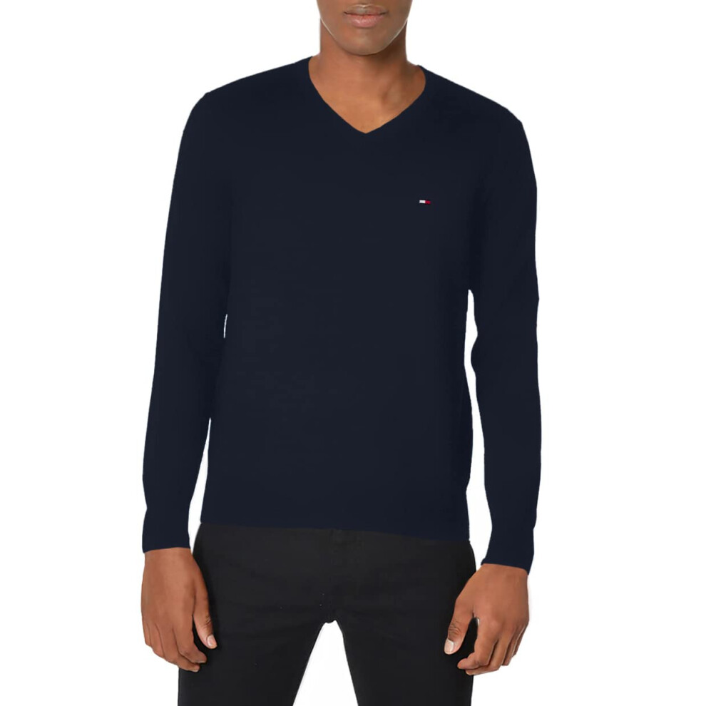 Tommy Hilfiger Men's Cotton V Neck Sweater  Masters Navy  Large