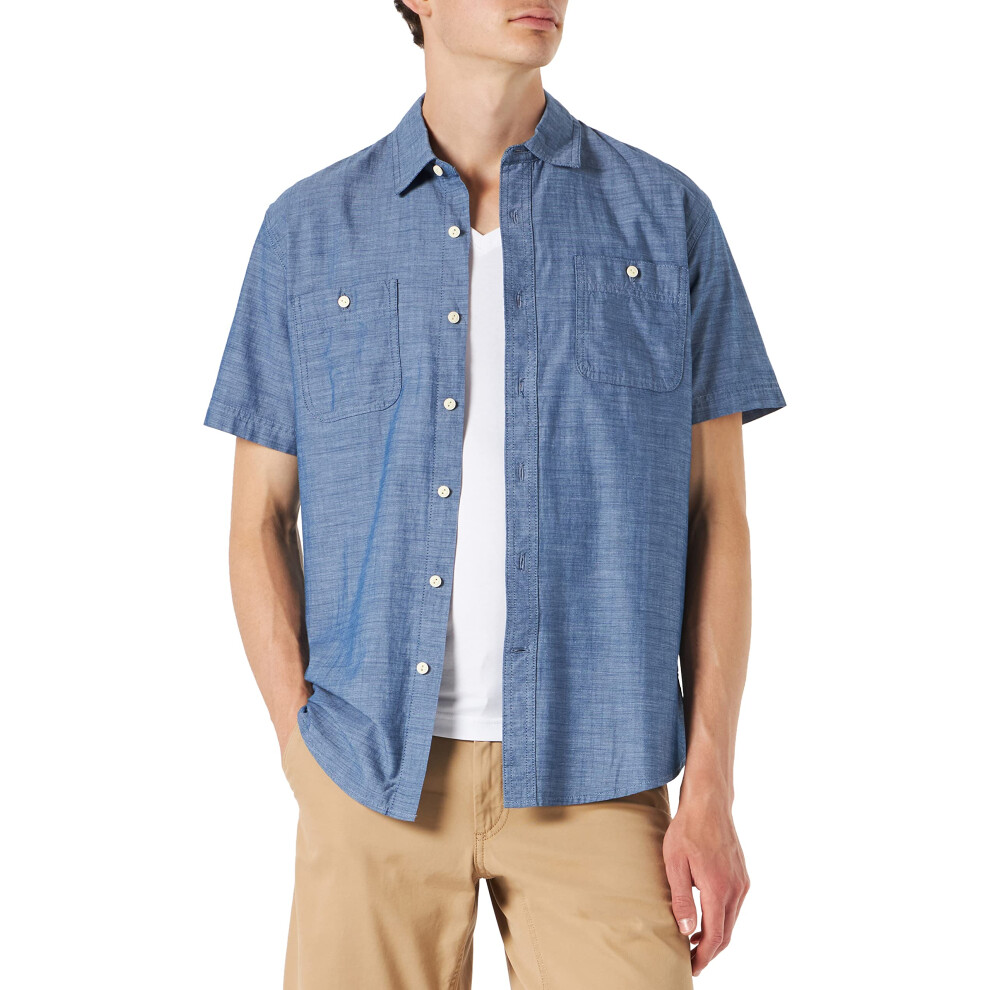 Amazon Essentials Mens Short-Sleeve chambray Shirt  Blue  Large