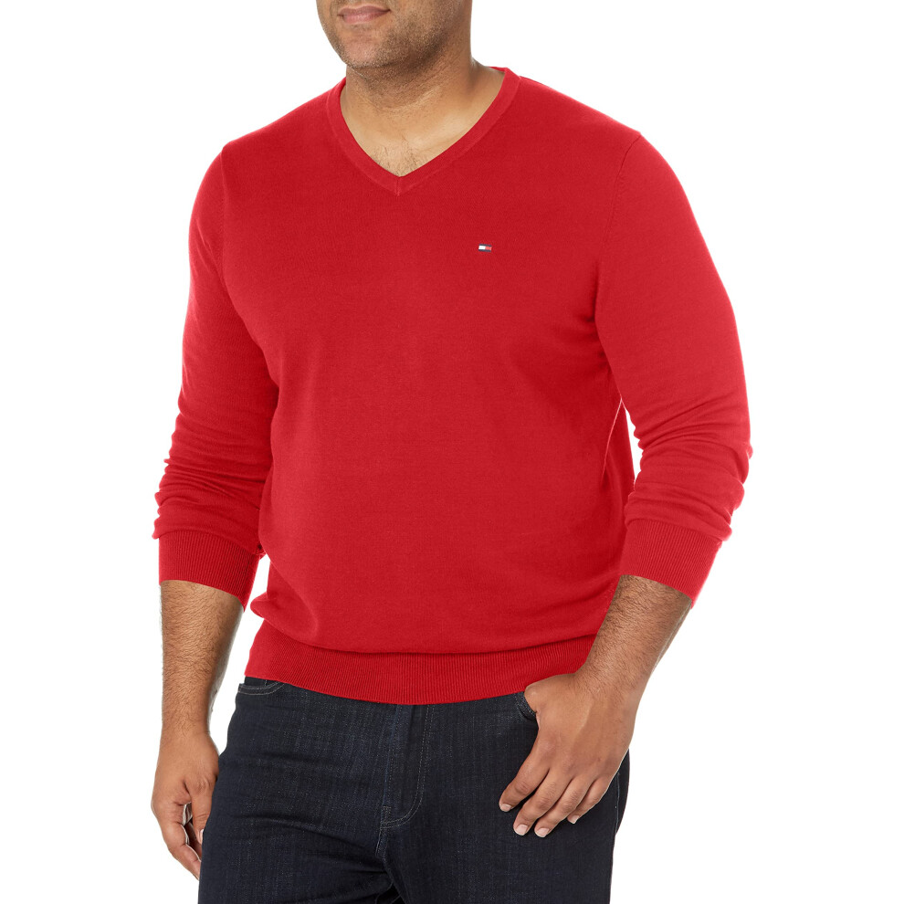 Tommy Hilfiger mens Cotton V Neck Sweater  Haute Red  X-Small US