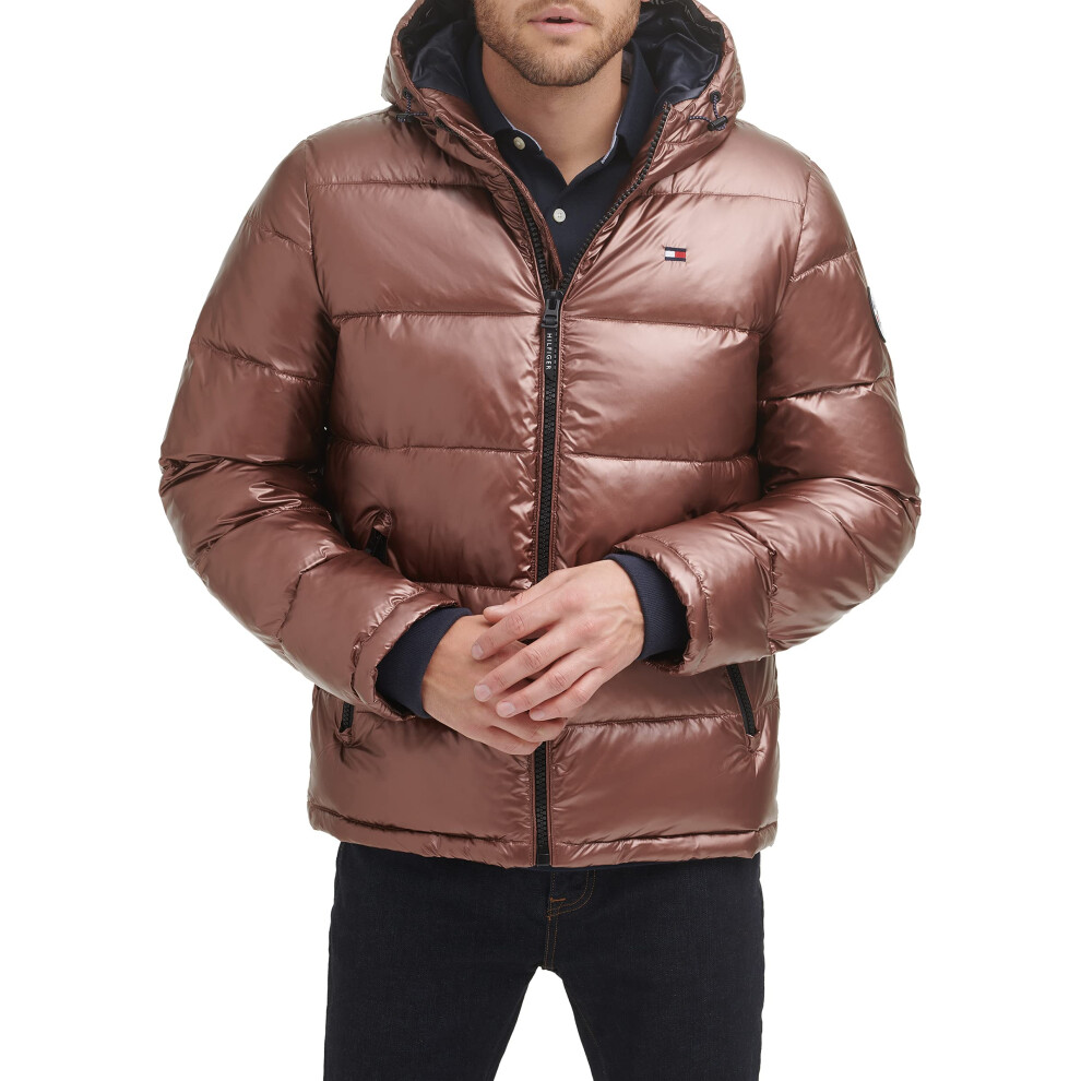 Tommy Hilfiger Men's Hooded Puffer Jacket  Pearlized Brown  Small