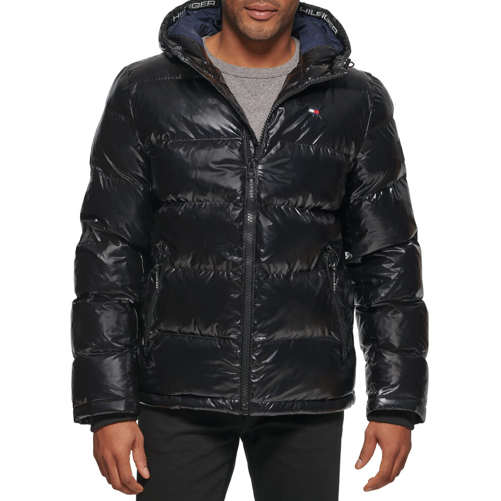 Tommy Hilfiger Men's Hooded Puffer Jacket  Pearlized Black  Large