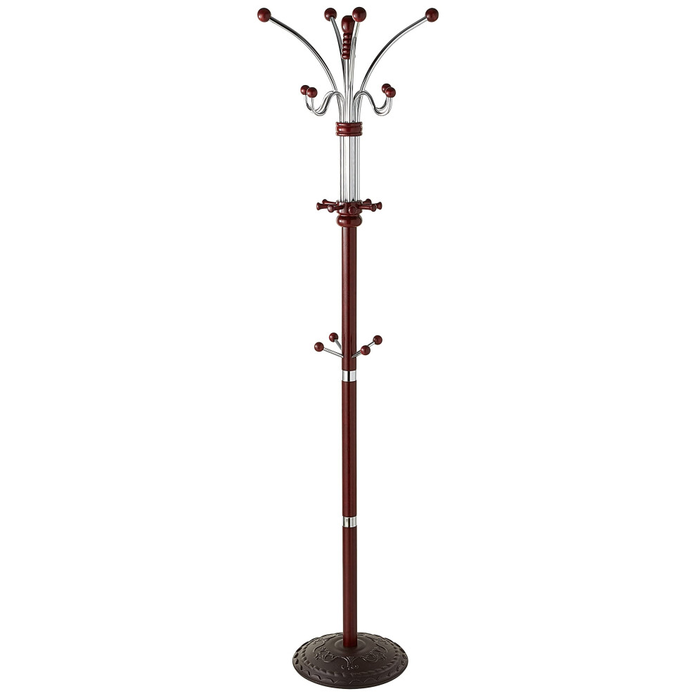 Porte-manteau ORE International de six pieds en bois et chrome, finition cerisier