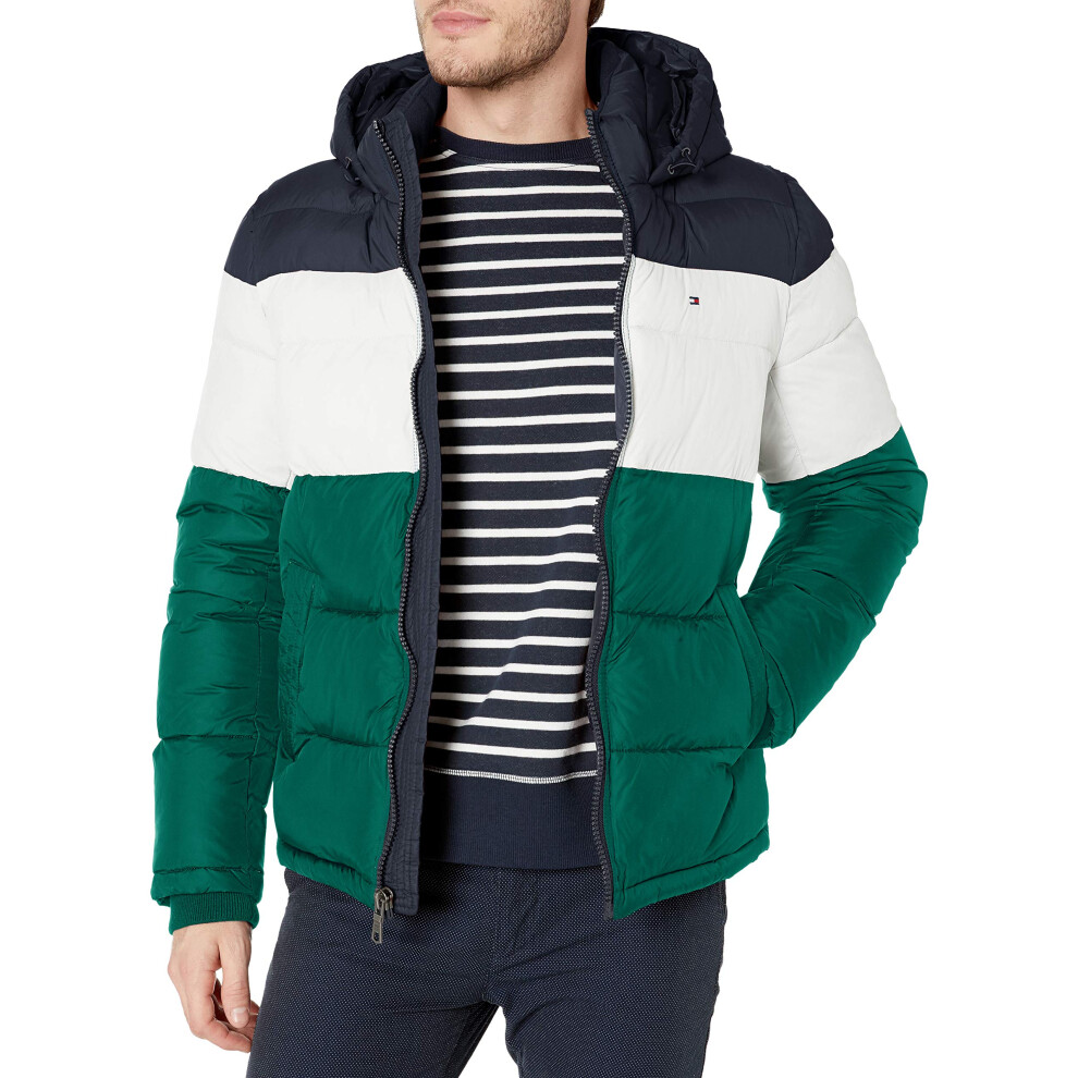 Tommy Hilfiger Men's Hooded Puffer Jacket  Green Color Block  Small