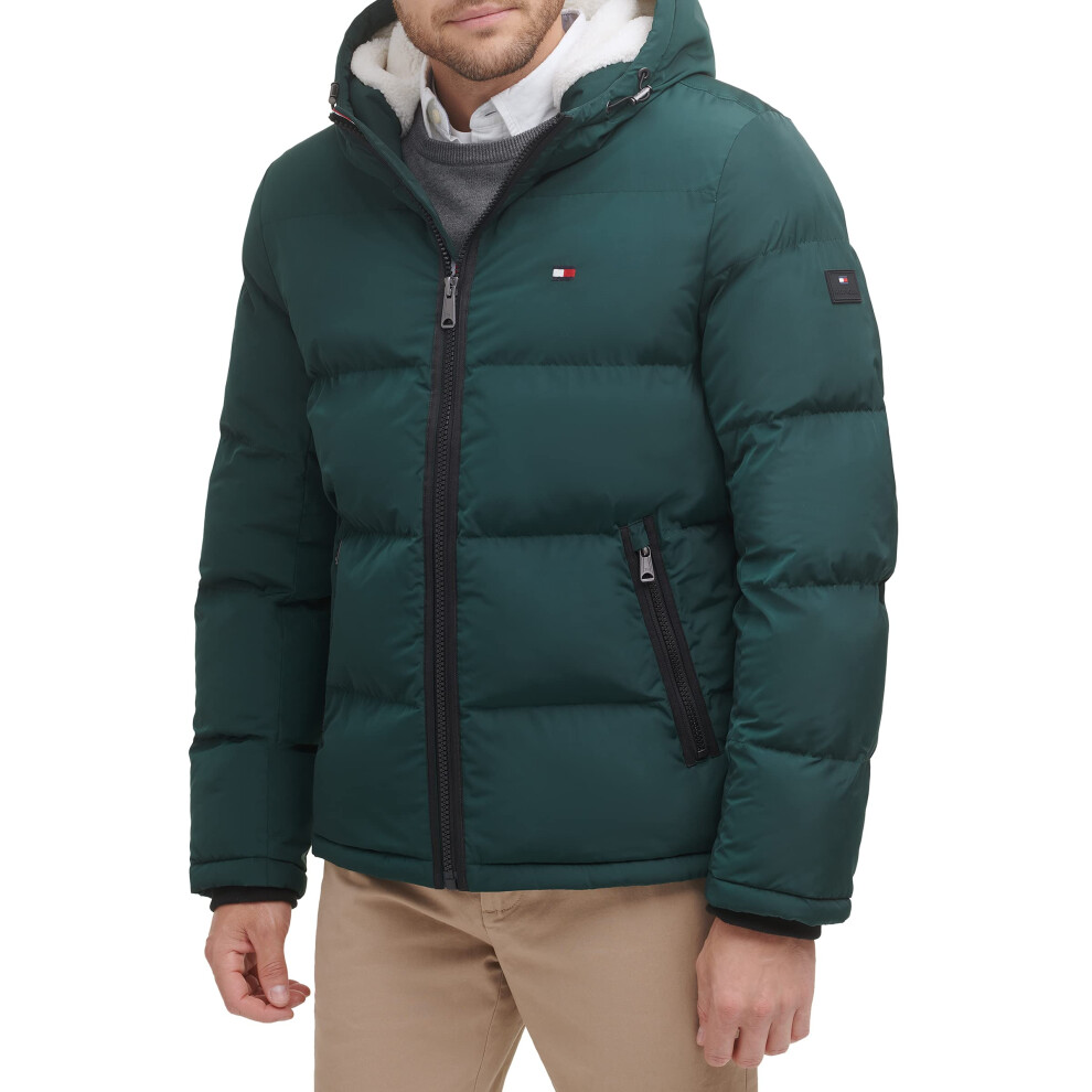 Tommy Hilfiger Mens Hooded Puffer Jacket  green Poly Tech  XX-Large