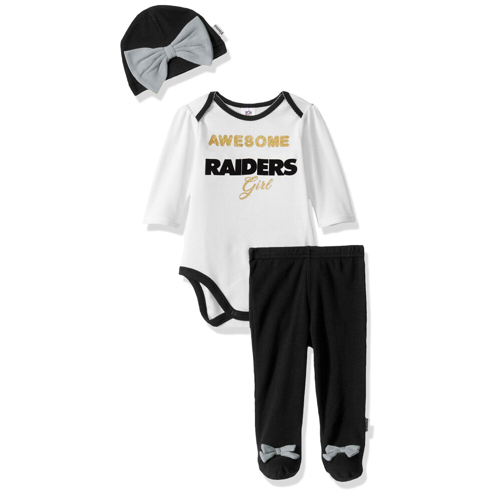 NFL Oakland Raiders Bodysuit Footed Pant And Cap  6-9M  black/silver