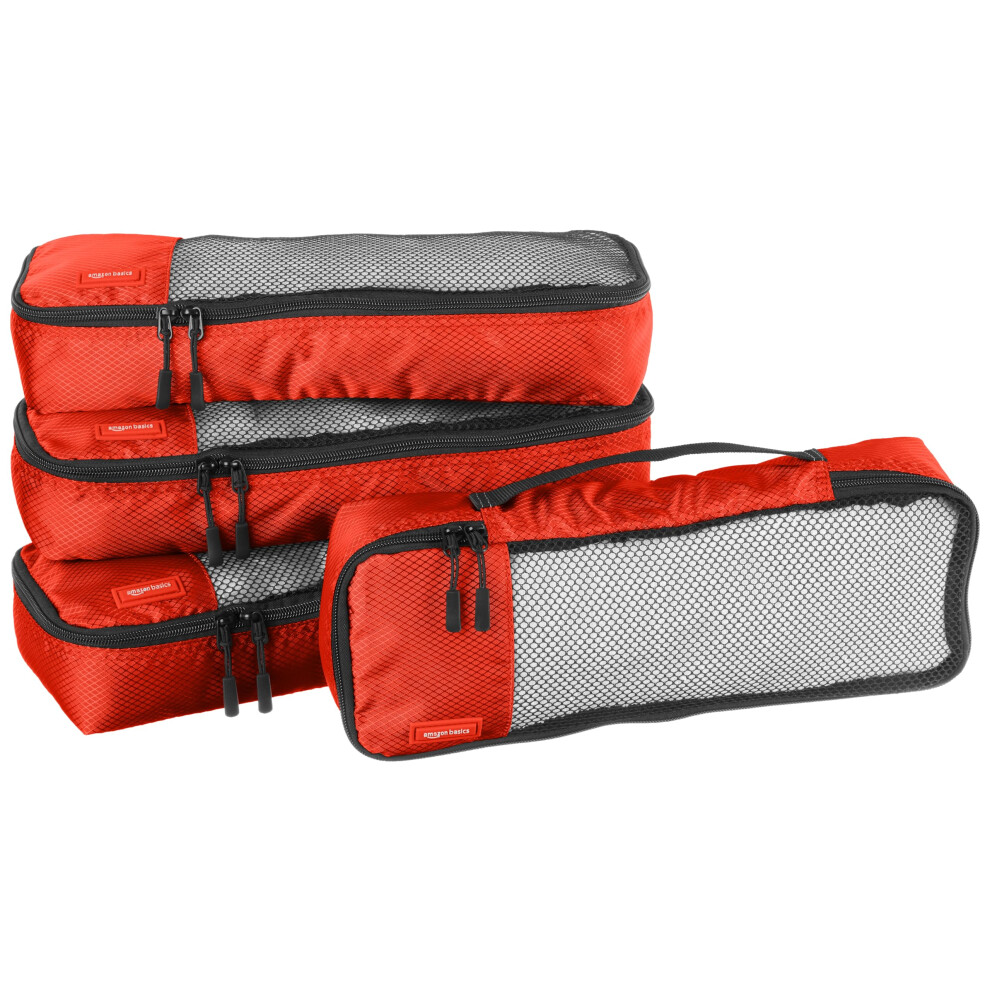 Amazon Basics 4 Piece Packing Travel Organizer cubes Set - Slim  Red